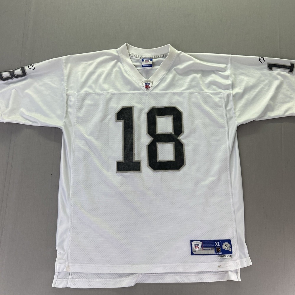 VTG Reebok NFL Oakland Raiders Randy Moss 18 White Jersey Mens XL +2 Embroidered